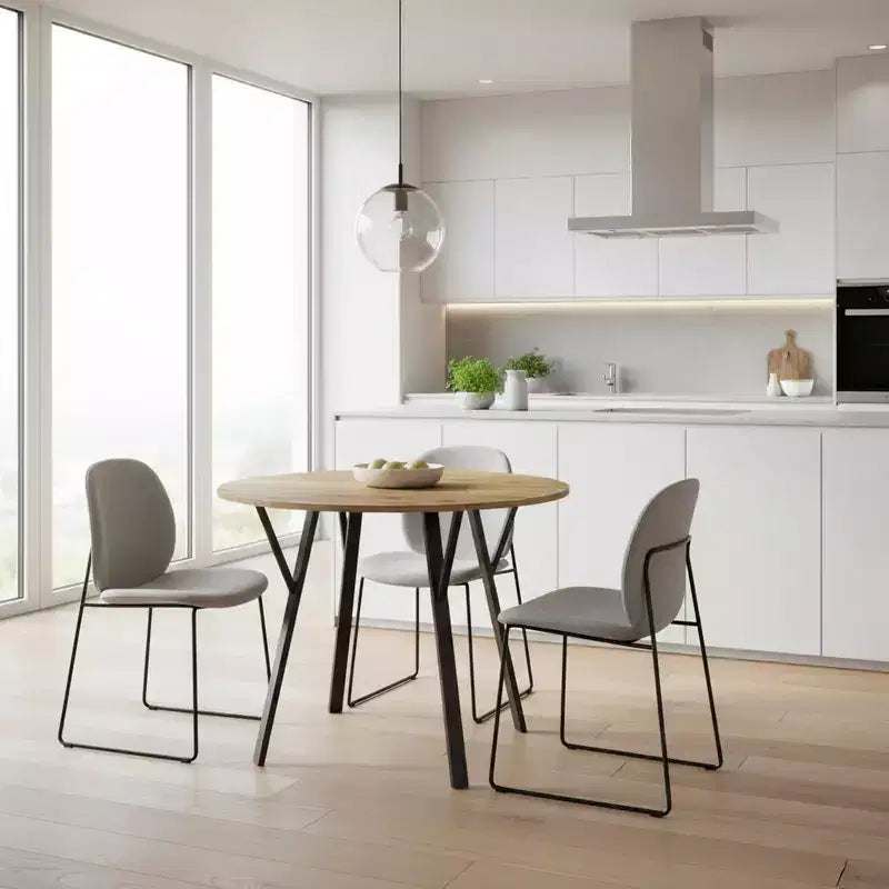 Table à manger ronde de 35,4 pouces avec plateau aspect bois et pieds en métal noir, 2 à 4 places