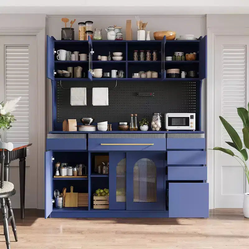 Whisen 63W Freestanding Buffet & Large Coffee Bar Storage Cabinet with Hutch, 6 Drawers, 5 Cabinets - Blue
