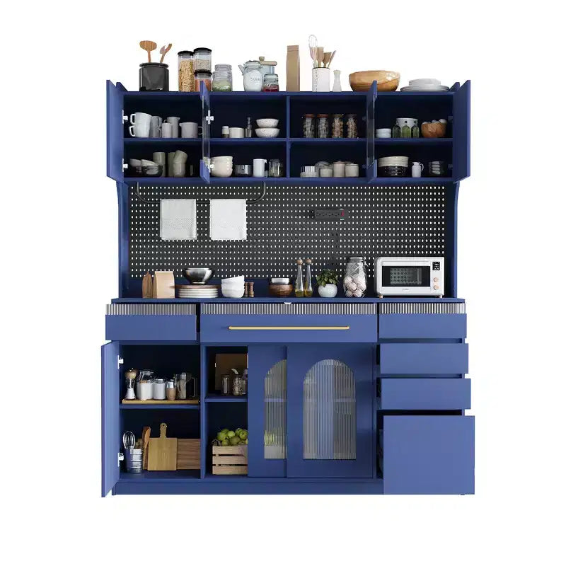 Buffet autoportant et bar à café de 63 pouces avec huche, 6 tiroirs, 5 armoires, bleu