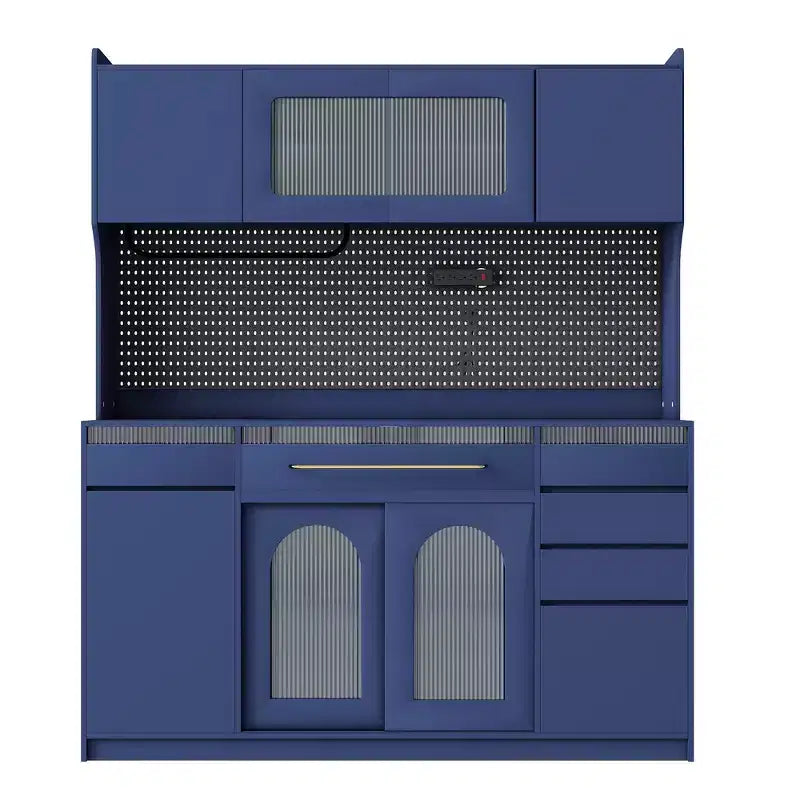 Buffet autoportant et bar à café de 63 pouces avec huche, 6 tiroirs, 5 armoires, bleu