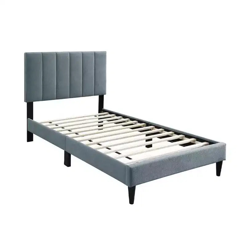 Lit simple avec tête de lit capitonnée, revêtement en lin gris clair doux