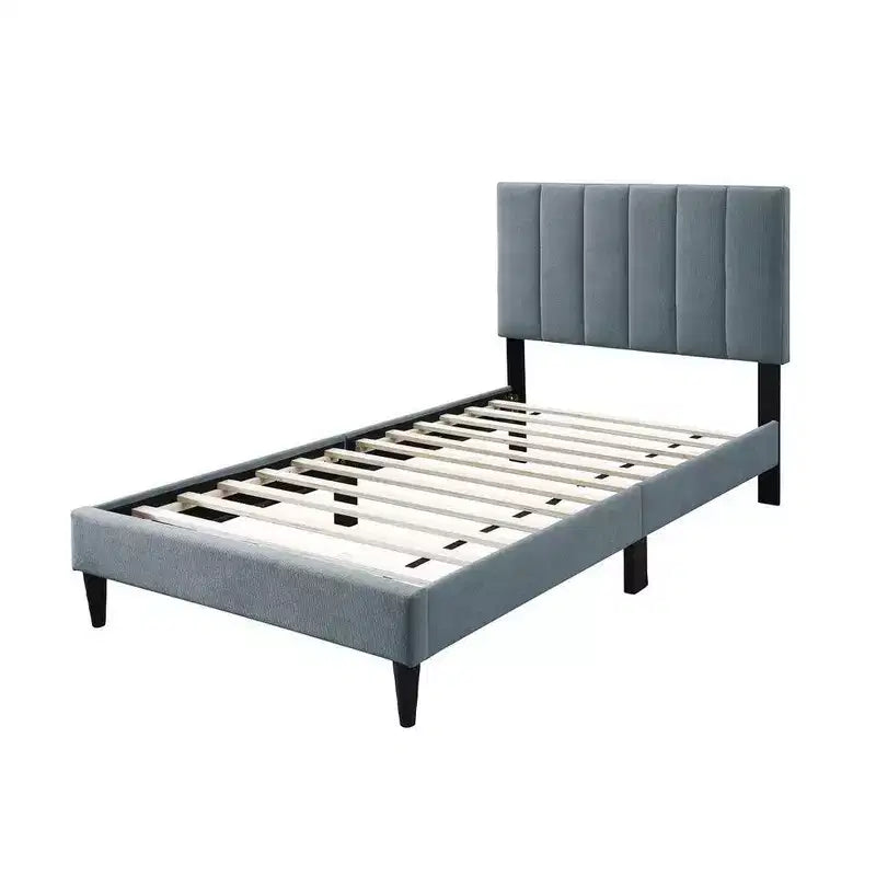 Lit simple avec tête de lit capitonnée, revêtement en lin gris clair doux