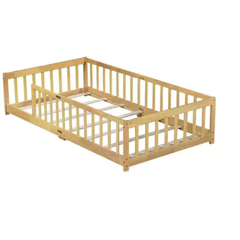 Lit double superposé avec clôture, cadre de lit Montessori en bois d'hévéa massif pour enfants, profil bas avec lattes, finition naturelle