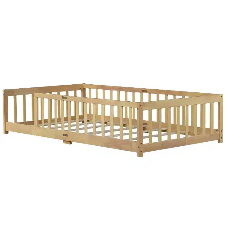 Lit double superposé avec clôture, cadre de lit Montessori en bois d'hévéa massif pour enfants, profil bas avec lattes, finition naturelle