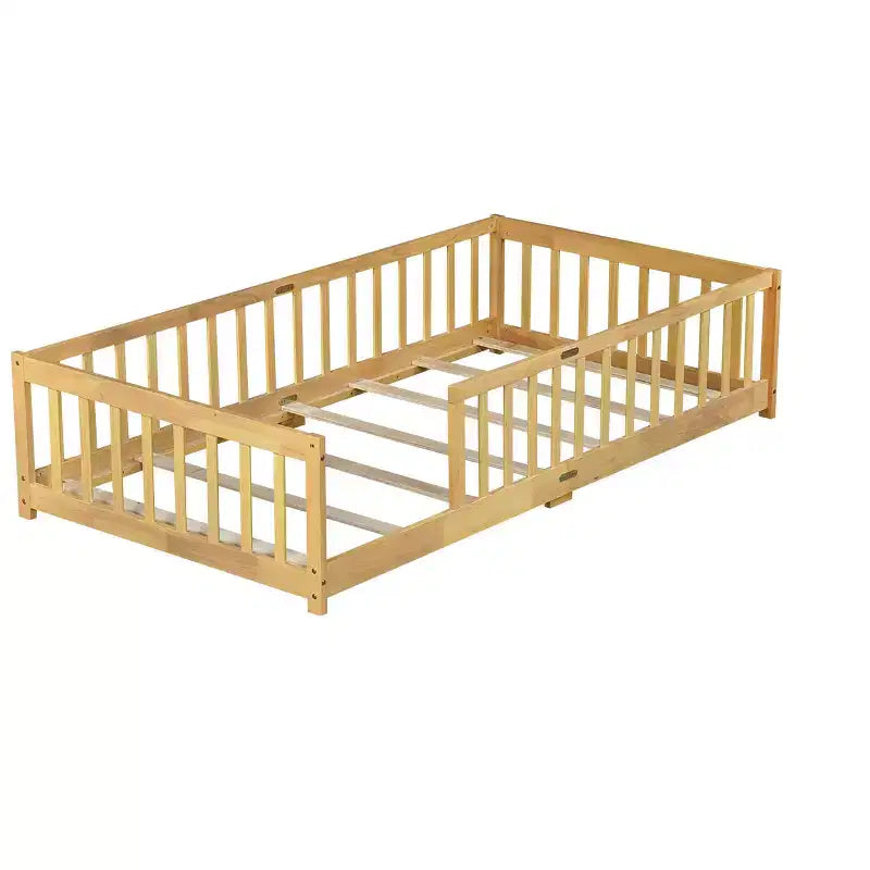 Lit double superposé avec clôture, cadre de lit Montessori en bois d'hévéa massif pour enfants, profil bas avec lattes, finition naturelle