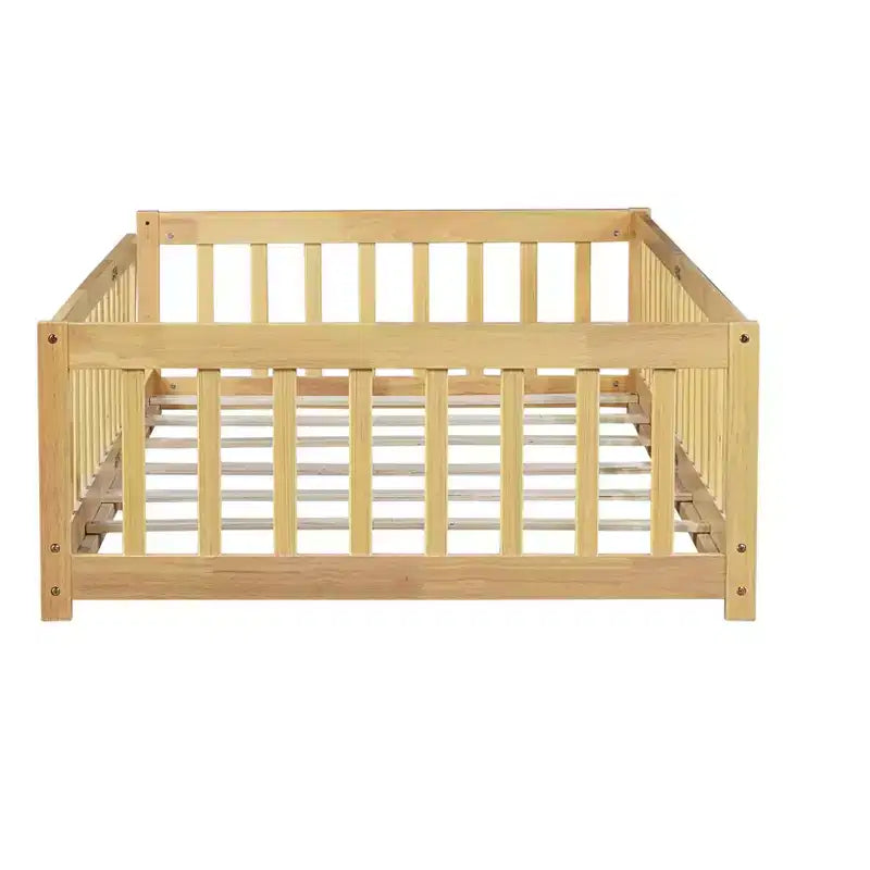 Lit double superposé avec clôture, cadre de lit Montessori en bois d'hévéa massif pour enfants, profil bas avec lattes, finition naturelle