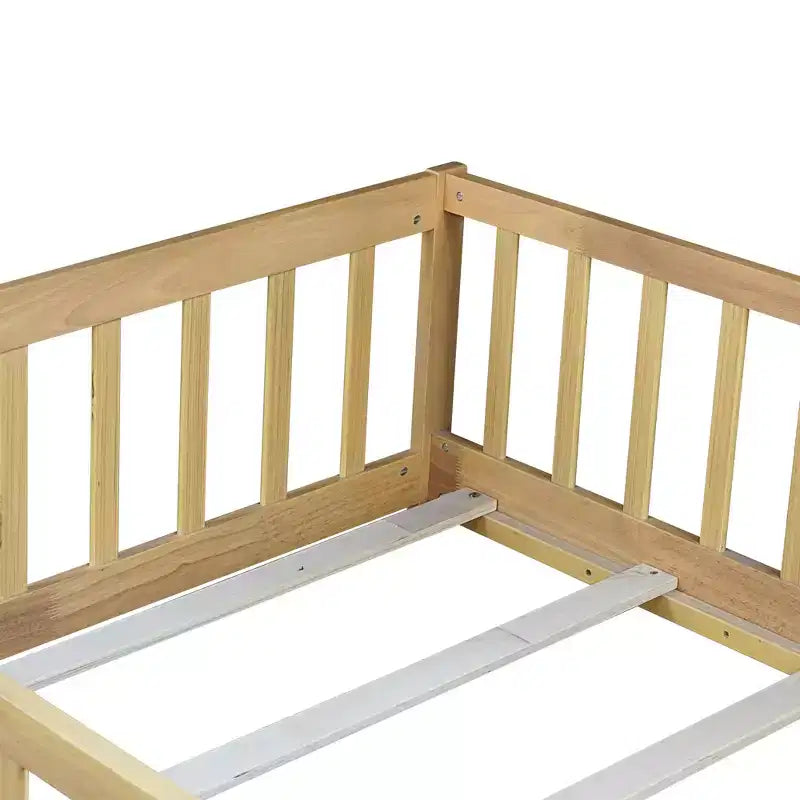 Lit double superposé avec clôture, cadre de lit Montessori en bois d'hévéa massif pour enfants, profil bas avec lattes, finition naturelle