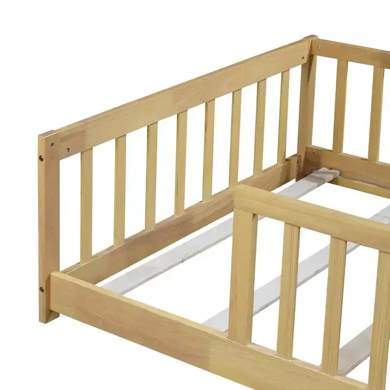 Lit double superposé avec clôture, cadre de lit Montessori en bois d'hévéa massif pour enfants, profil bas avec lattes, finition naturelle
