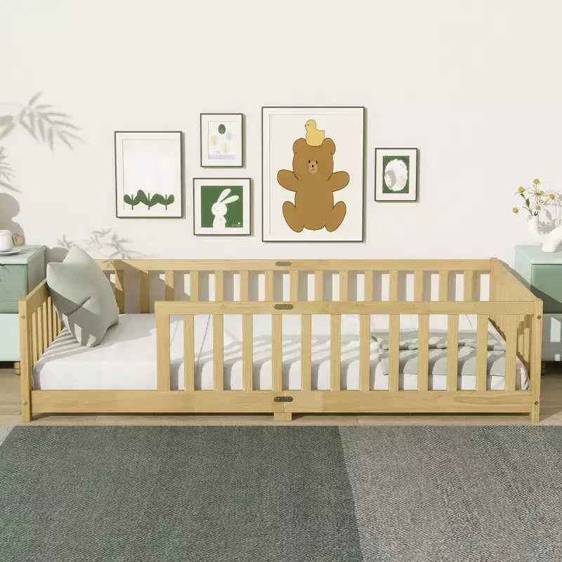 Lit double superposé avec clôture, cadre de lit Montessori en bois d'hévéa massif pour enfants, profil bas avec lattes, finition naturelle