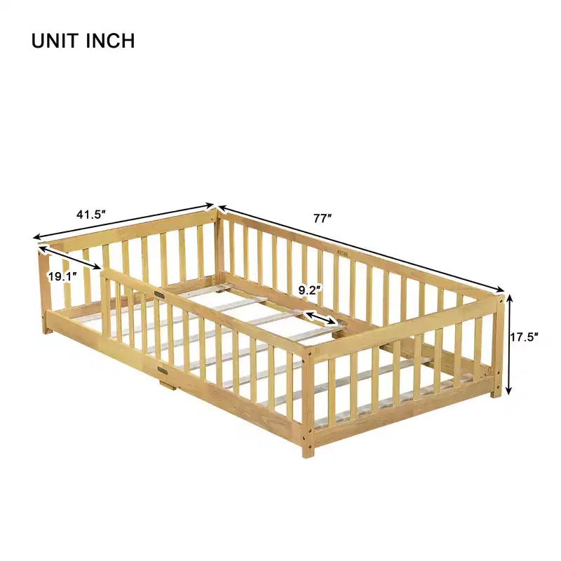 Lit double superposé avec clôture, cadre de lit Montessori en bois d'hévéa massif pour enfants, profil bas avec lattes, finition naturelle