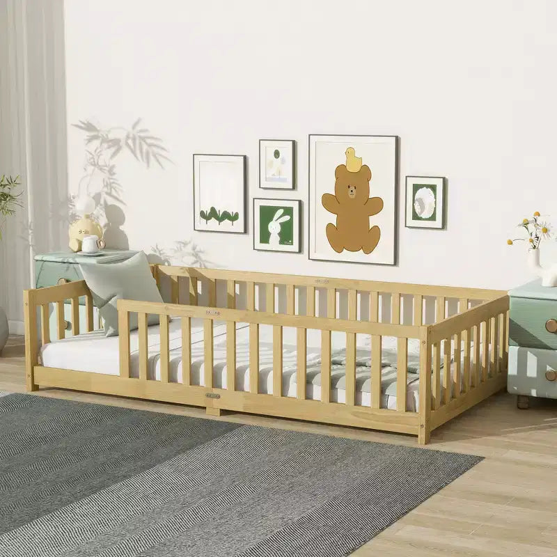 Lit double superposé avec clôture, cadre de lit Montessori en bois d'hévéa massif pour enfants, profil bas avec lattes, finition naturelle