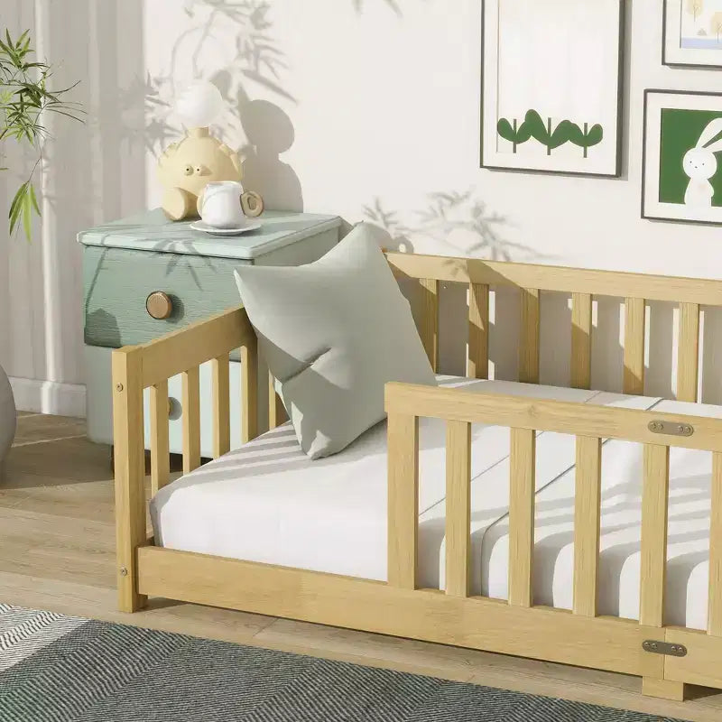 Lit double superposé avec clôture, cadre de lit Montessori en bois d'hévéa massif pour enfants, profil bas avec lattes, finition naturelle