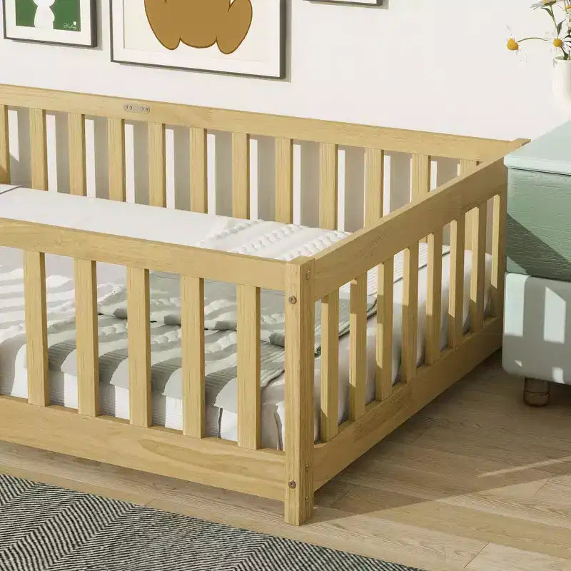 Lit double superposé avec clôture, cadre de lit Montessori en bois d'hévéa massif pour enfants, profil bas avec lattes, finition naturelle