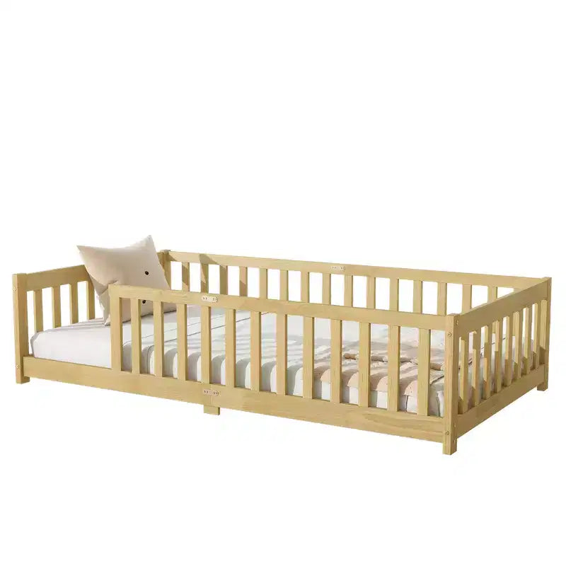 Lit double superposé avec clôture, cadre de lit Montessori en bois d'hévéa massif pour enfants, profil bas avec lattes, finition naturelle