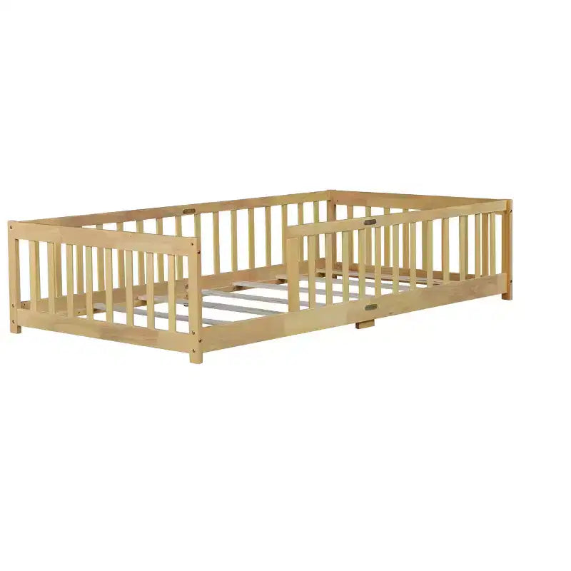 Lit double superposé avec clôture, cadre de lit Montessori en bois d'hévéa massif pour enfants, profil bas avec lattes, finition naturelle