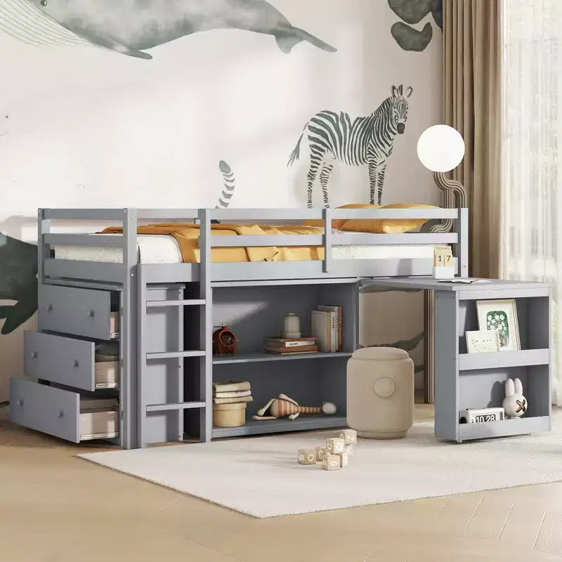Lit mezzanine simple avec commode, meuble à étagères et bureau coulissant, en bois d'hévéa avec garde-corps et échelle, gris