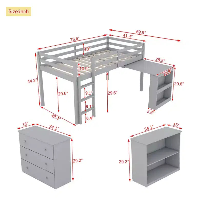 Lit mezzanine simple avec commode, meuble à étagères et bureau coulissant, en bois d'hévéa avec garde-corps et échelle, gris