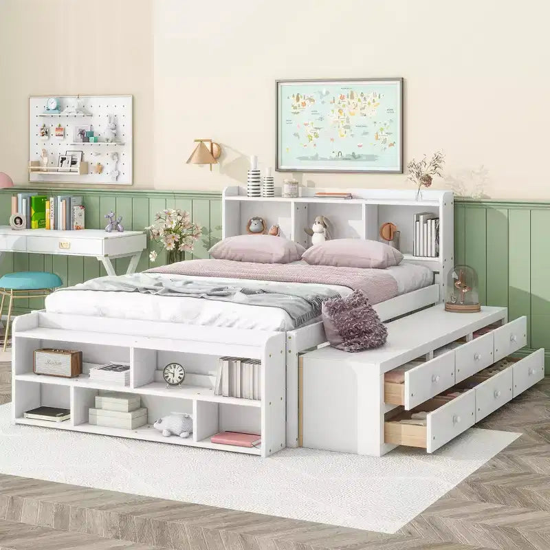 Lit double en bois massif avec tête de lit bibliothèque, tiroirs de rangement sous le lit et coffre de rangement en bout de lit, blanc