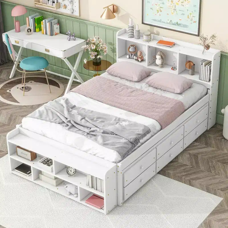 Lit double en bois massif avec tête de lit bibliothèque, tiroirs de rangement sous le lit et coffre de rangement en bout de lit, blanc