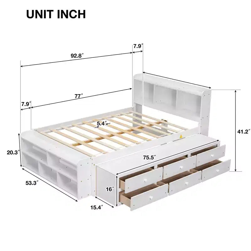 Lit double en bois massif avec tête de lit bibliothèque, tiroirs de rangement sous le lit et coffre de rangement en bout de lit, blanc