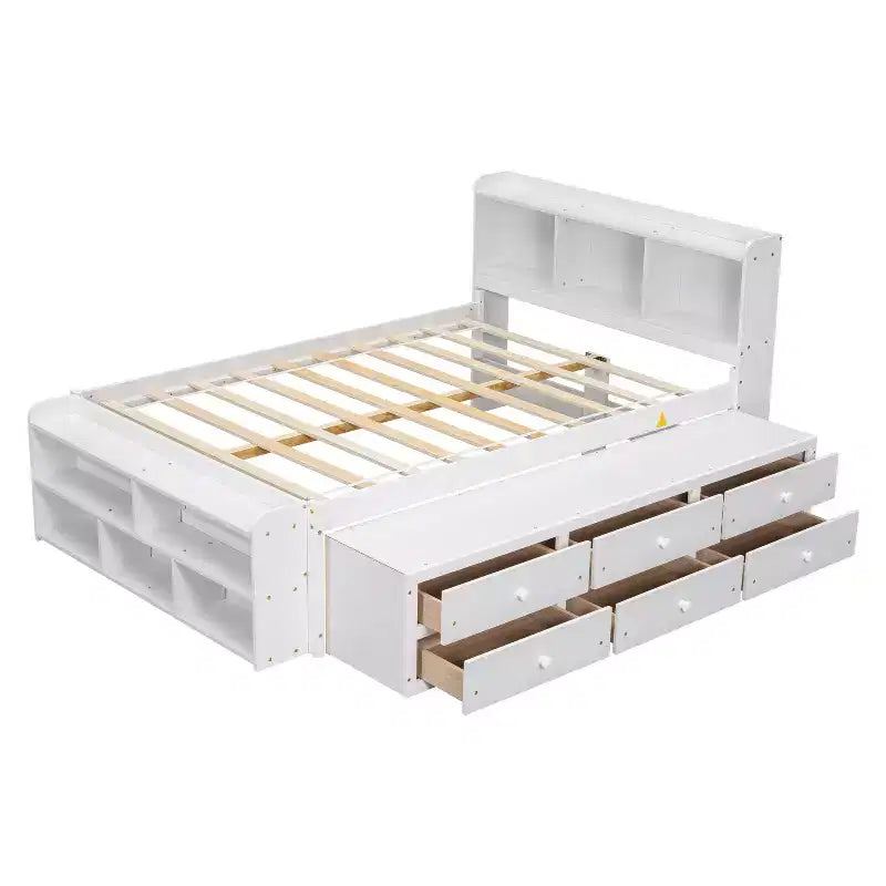 Lit double en bois massif avec tête de lit bibliothèque, tiroirs de rangement sous le lit et coffre de rangement en bout de lit, blanc
