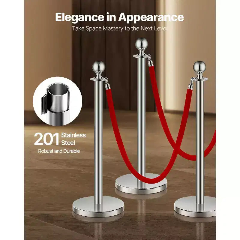 Poteaux et Cordons en Velours 6 Pièces, Base Creuse avec Poteau en Acier Inoxydable, 3 Cordons en Velours Rouge et Poteaux, Barrières de Contrôle de Foule, Argent
