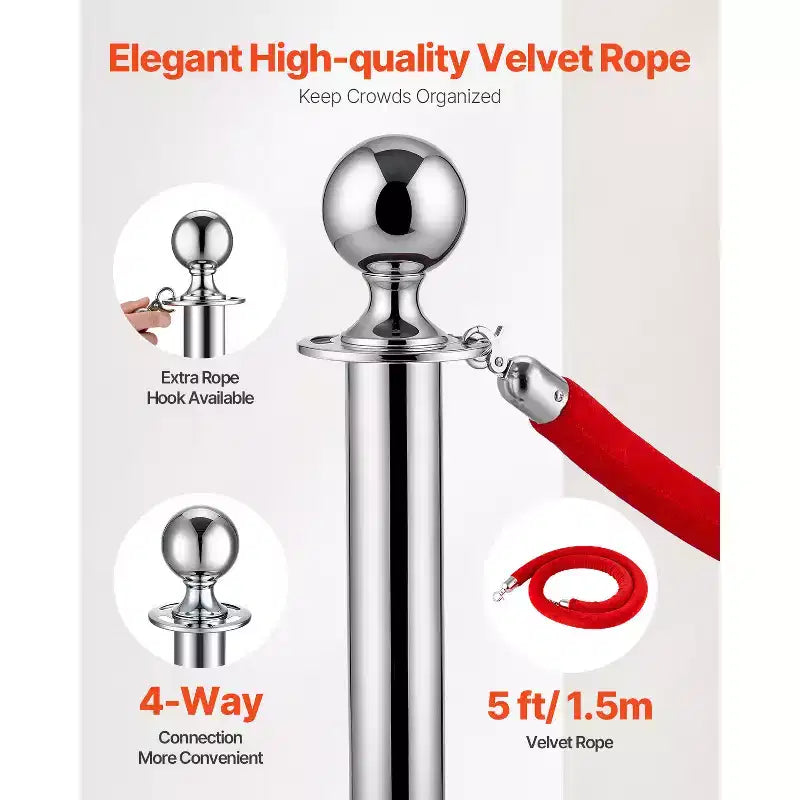 Poteaux et Cordons en Velours 6 Pièces, Base Creuse avec Poteau en Acier Inoxydable, 3 Cordons en Velours Rouge et Poteaux, Barrières de Contrôle de Foule, Argent