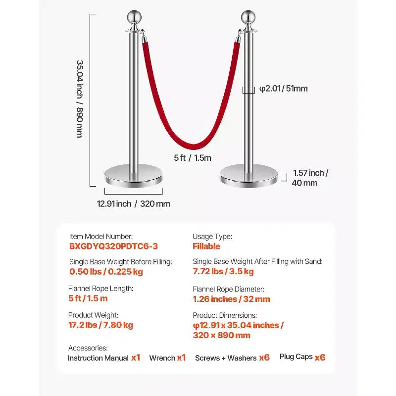 Poteaux et Cordons en Velours 6 Pièces, Base Creuse avec Poteau en Acier Inoxydable, 3 Cordons en Velours Rouge et Poteaux, Barrières de Contrôle de Foule, Argent