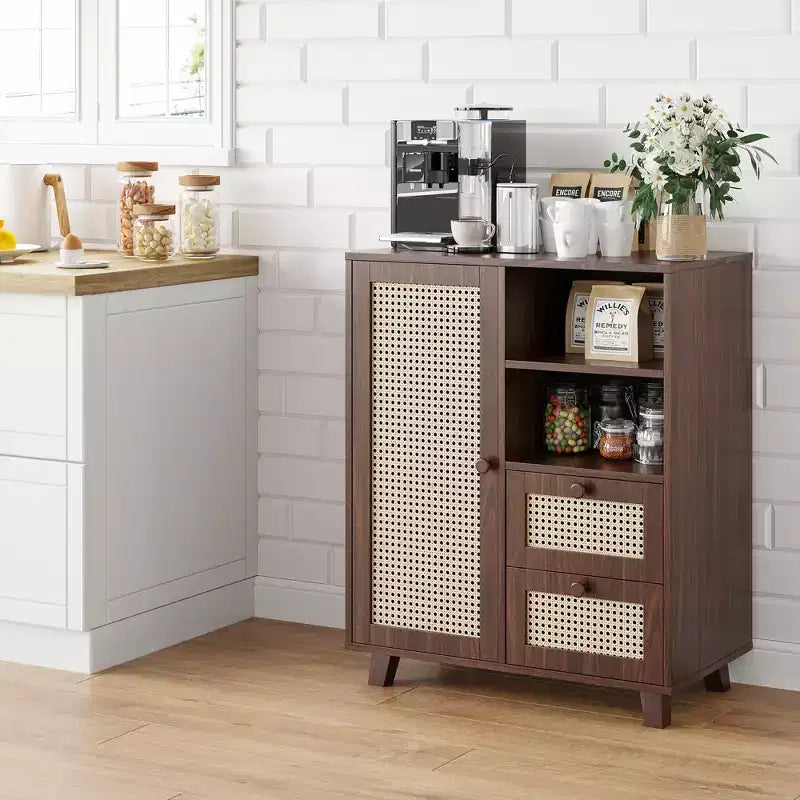 Meuble d'appoint à porte en rotin tressé de 15 pouces avec étagères réglables et tiroirs, Noyer