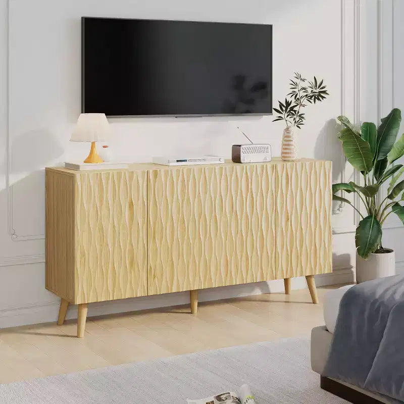 Bahut 4 portes avec étagères réglables, bahut de 147 cm avec motif à vagues sculptural
