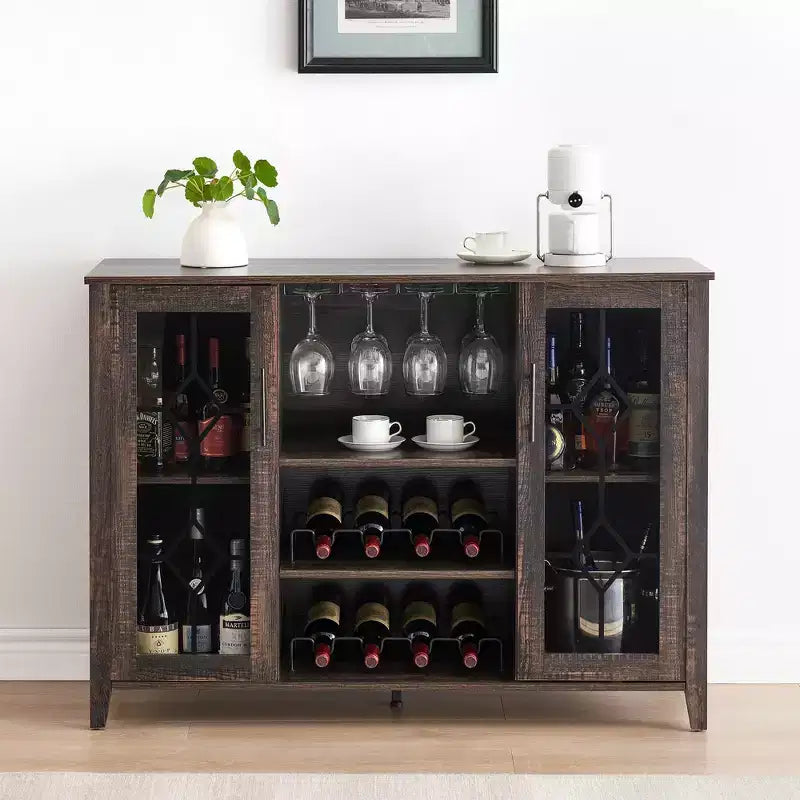 Meuble bar en bois avec portes vitrées de 119 cm – Station de rangement pour vins avec étagères réglables