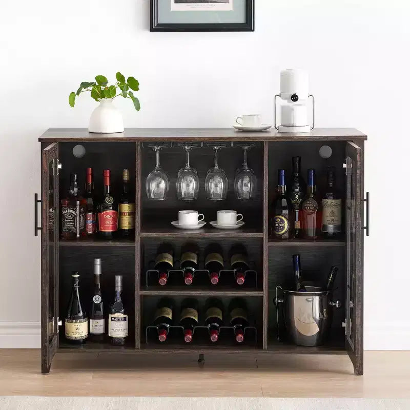 Meuble bar en bois avec portes vitrées de 119 cm – Station de rangement pour vins avec étagères réglables