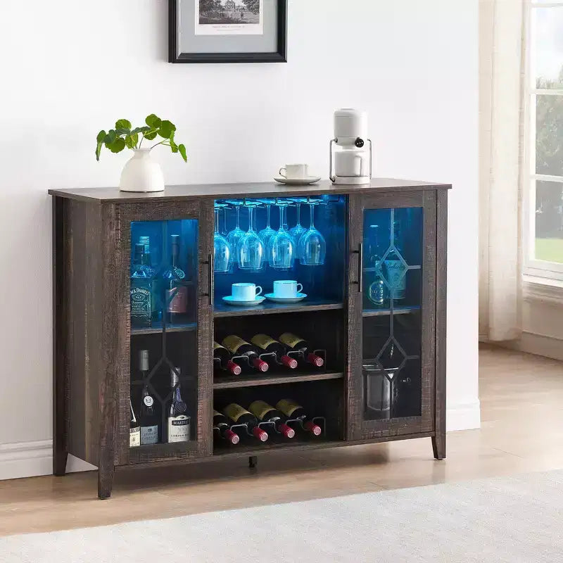 Meuble bar en bois avec portes vitrées de 119 cm – Station de rangement pour vins avec étagères réglables