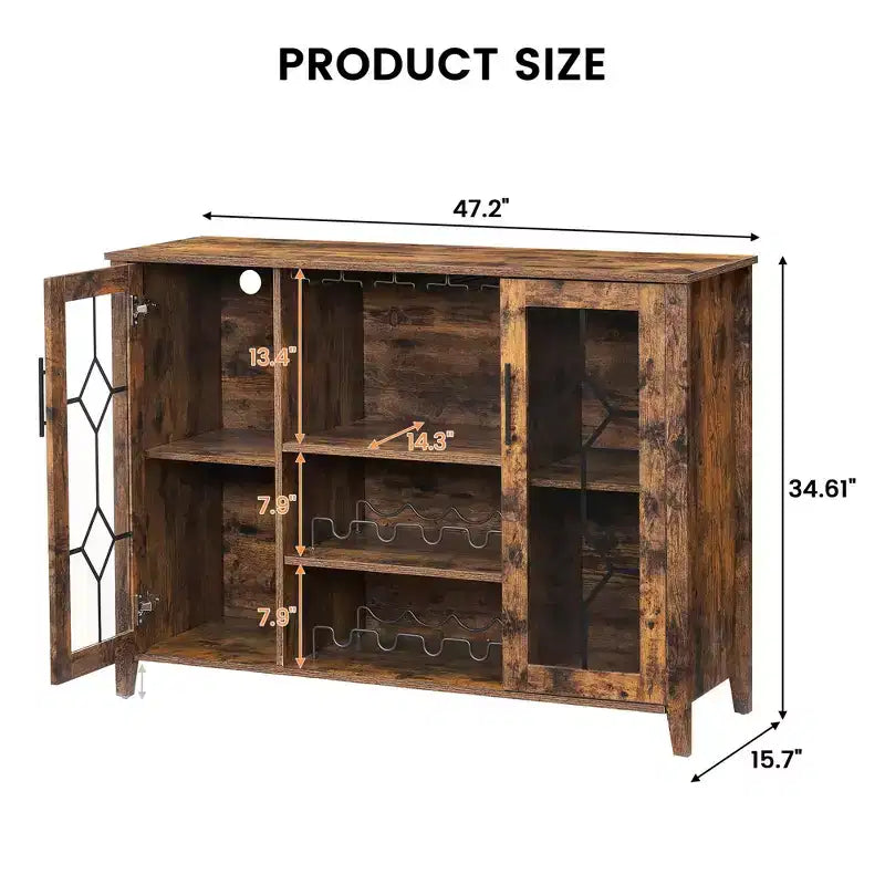 Meuble bar en bois avec portes vitrées de 119 cm – Station de rangement pour vins avec étagères réglables