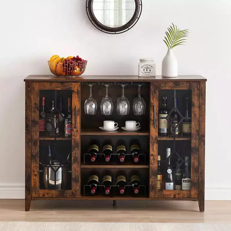 Meuble bar en bois avec portes vitrées de 119 cm – Station de rangement pour vins avec étagères réglables