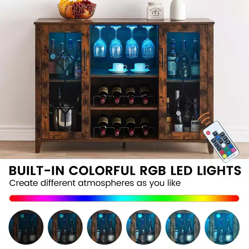 Meuble bar en bois avec portes vitrées de 119 cm – Station de rangement pour vins avec étagères réglables