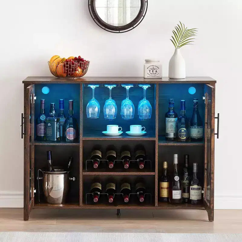 Meuble bar en bois avec portes vitrées de 119 cm – Station de rangement pour vins avec étagères réglables