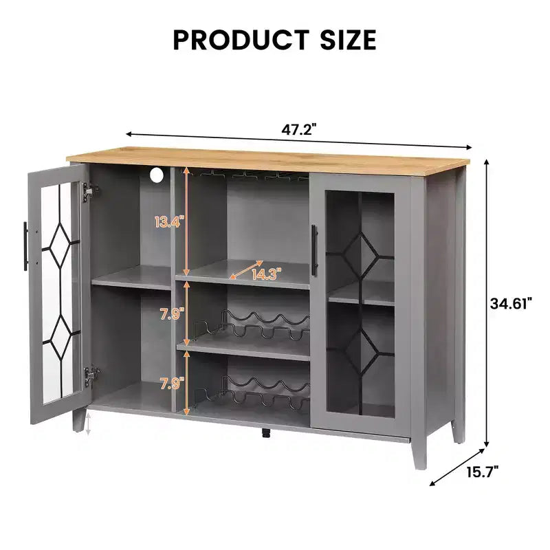 Meuble bar en bois avec portes vitrées de 119 cm – Station de rangement pour vins avec étagères réglables