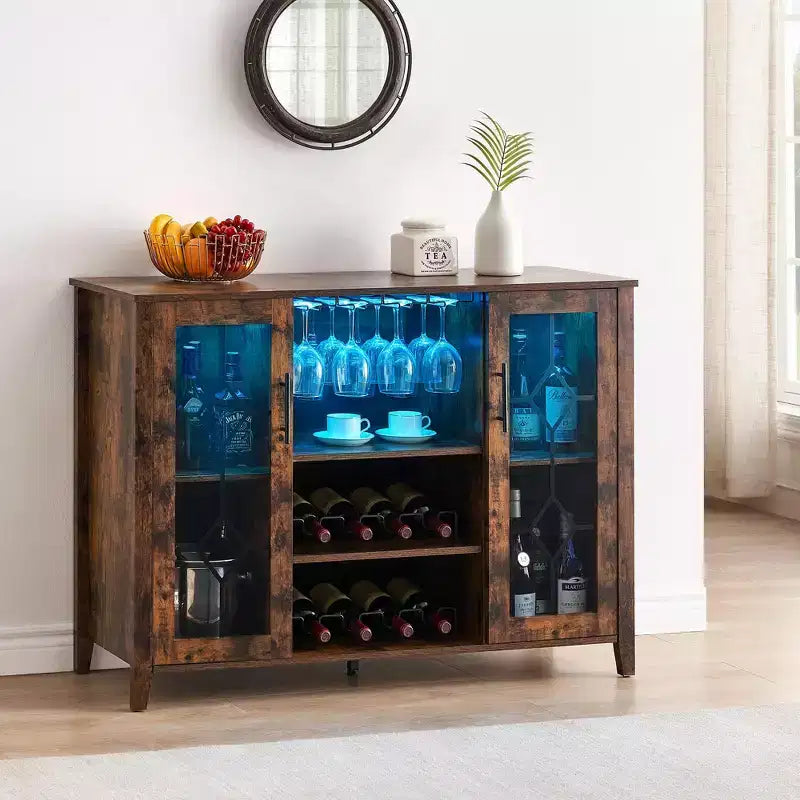 Meuble bar en bois avec portes vitrées de 119 cm – Station de rangement pour vins avec étagères réglables