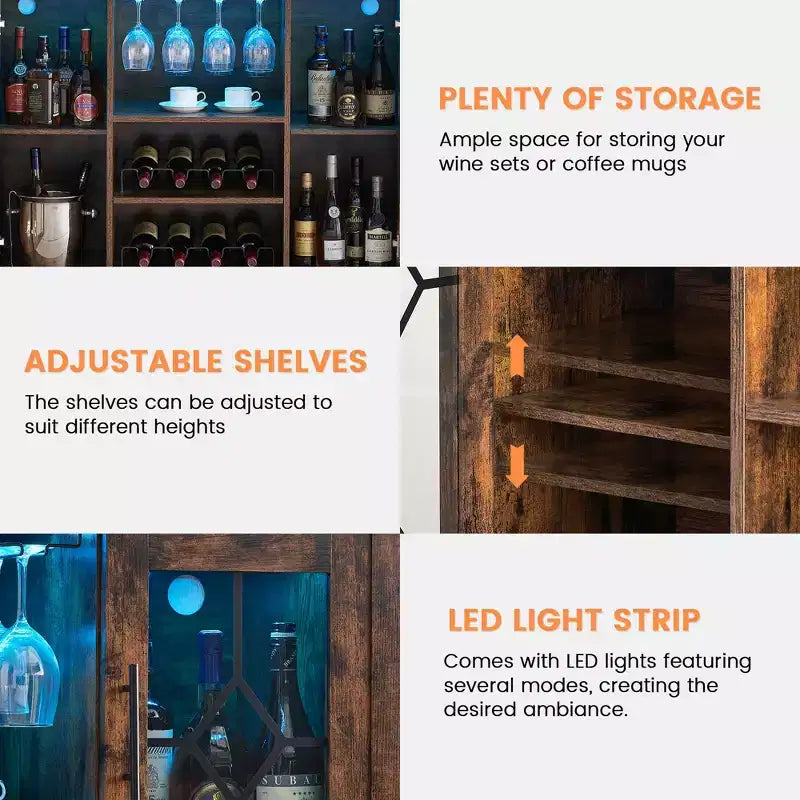 Meuble bar en bois avec portes vitrées de 119 cm – Station de rangement pour vins avec étagères réglables