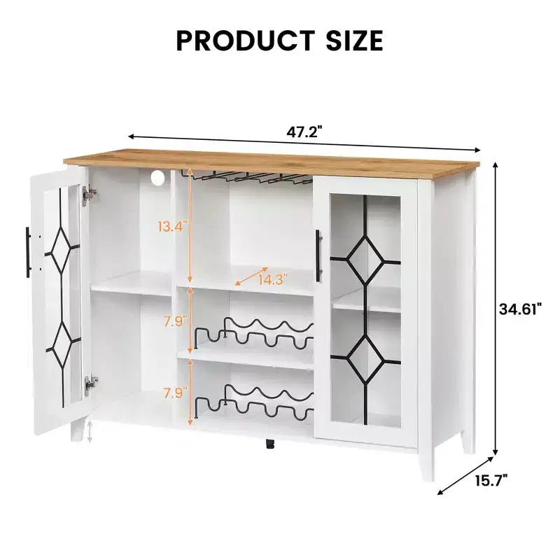 Meuble bar en bois avec portes vitrées de 119 cm – Station de rangement pour vins avec étagères réglables