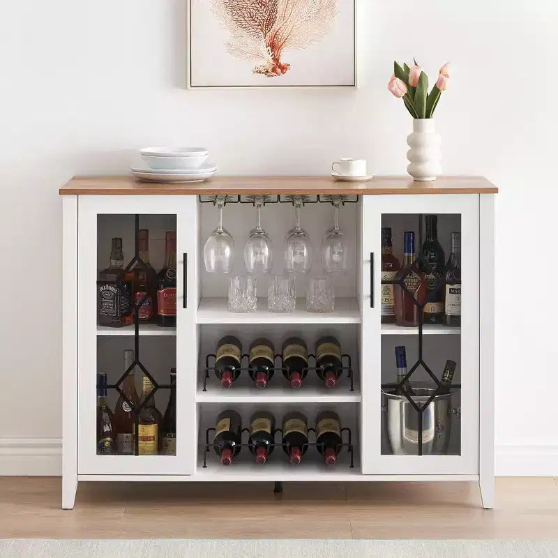 Meuble bar en bois avec portes vitrées de 119 cm – Station de rangement pour vins avec étagères réglables