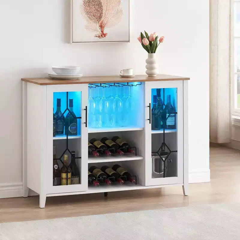 Meuble bar en bois avec portes vitrées de 119 cm – Station de rangement pour vins avec étagères réglables