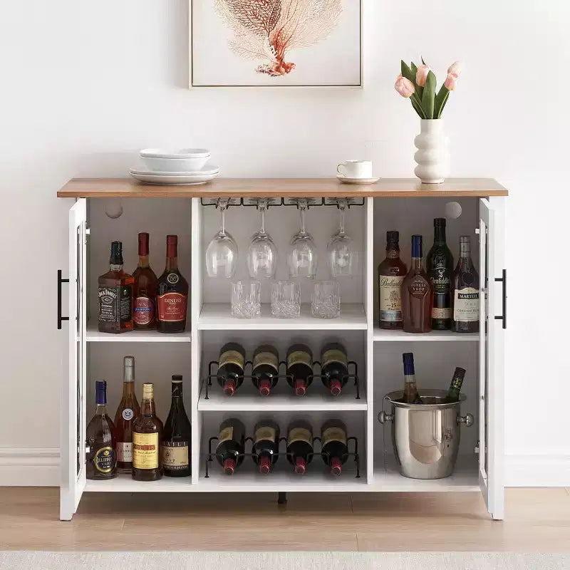 Meuble bar en bois avec portes vitrées de 119 cm – Station de rangement pour vins avec étagères réglables