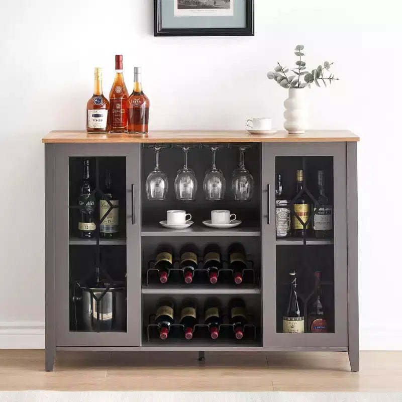 Meuble bar en bois avec portes vitrées de 119 cm – Station de rangement pour vins avec étagères réglables