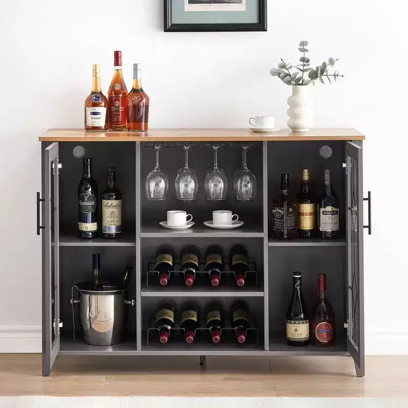 Meuble bar en bois avec portes vitrées de 119 cm – Station de rangement pour vins avec étagères réglables