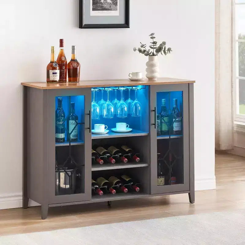 Meuble bar en bois avec portes vitrées de 119 cm – Station de rangement pour vins avec étagères réglables