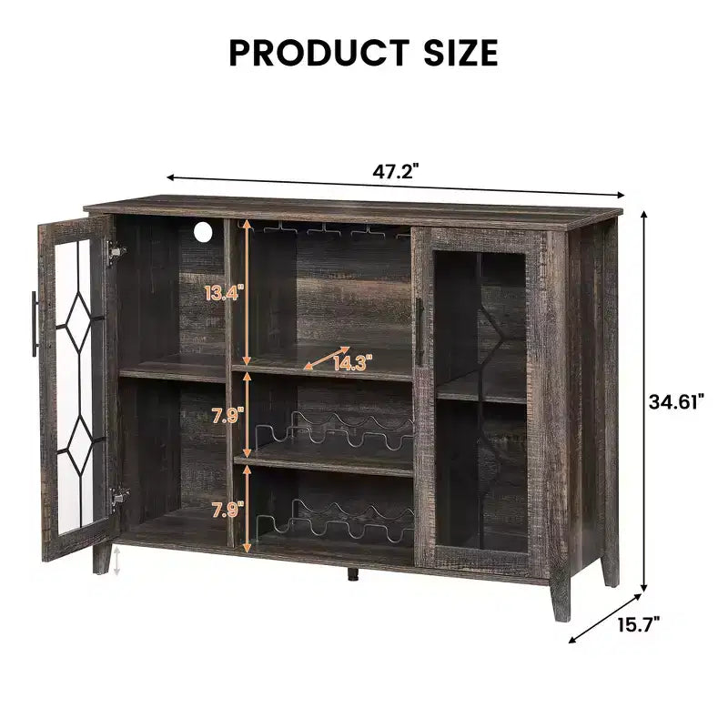 Meuble bar en bois avec portes vitrées de 119 cm – Station de rangement pour vins avec étagères réglables