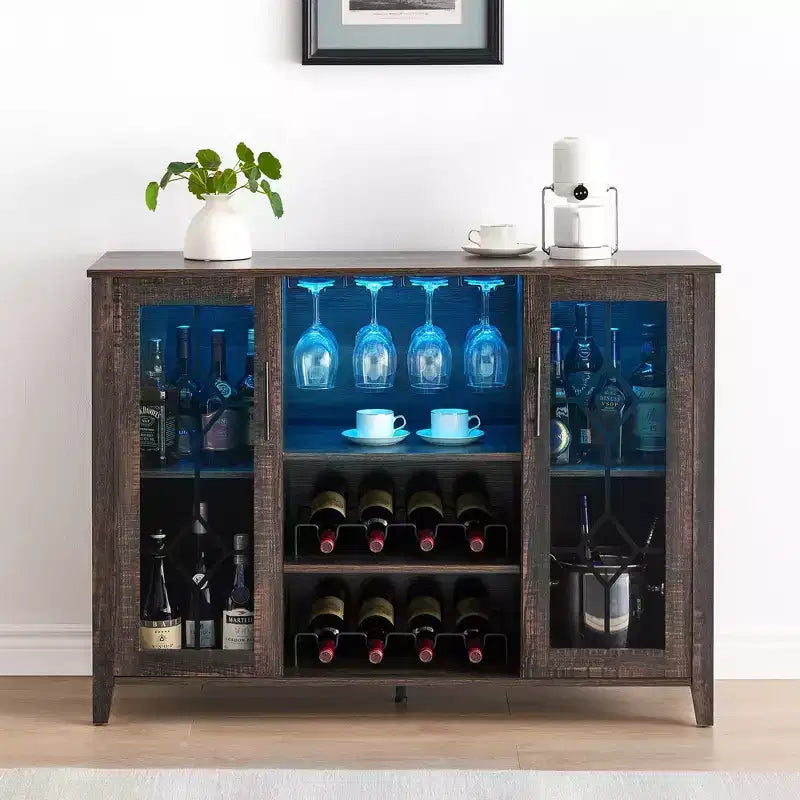 Meuble bar en bois avec portes vitrées de 119 cm – Station de rangement pour vins avec étagères réglables