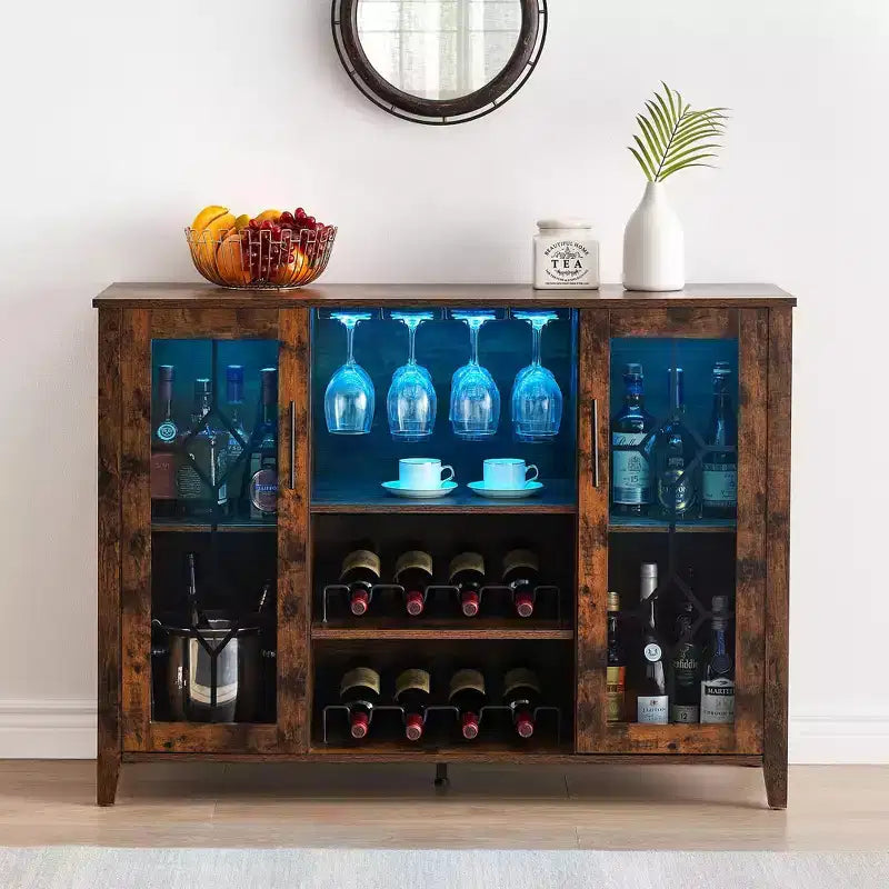 Meuble bar en bois avec portes vitrées de 119 cm – Station de rangement pour vins avec étagères réglables